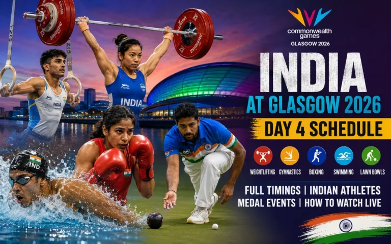 Indian athletes competing in weightlifting, boxing, gymnastics, swimming, and lawn bowls during the Commonwealth Games 2026 Day 4 schedule in Glasgow.