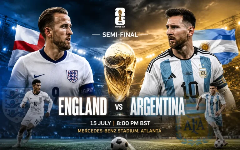 England vs Argentina FIFA World Cup semi-final featuring Harry Kane and Lionel Messi before the high-stakes clash at Mercedes-Benz Stadium in Atlanta.