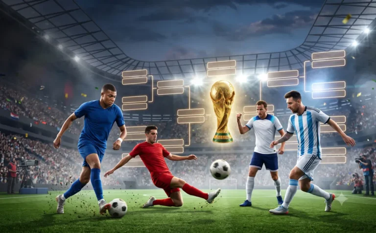 FIFA World Cup 2026 Quarter Final Bracket Schedule and Route to the Final Feature image illustrating the FIFA World Cup 2026 quarter-final bracket, with France, Spain, England, and Argentina competing on the road to the final at MetLife Stadium.