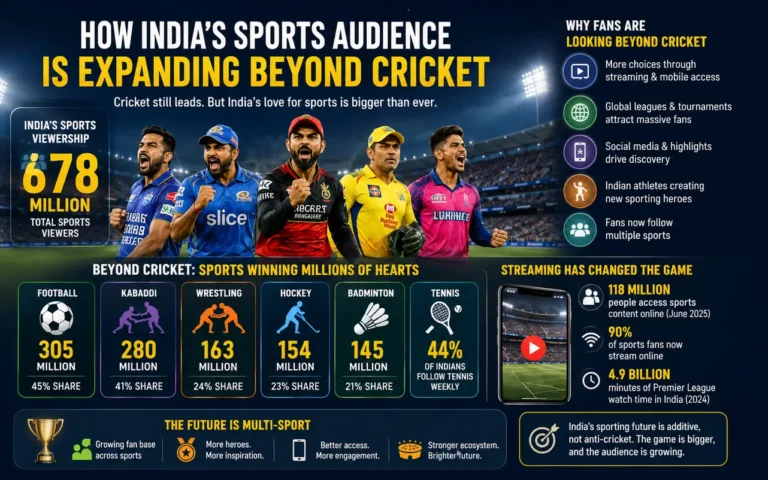 How India’s Sports Audience Is Expanding Beyond Cricket Infographic showing how India's sports audience is expanding beyond cricket, featuring IPL cricketers alongside football, kabaddi, hockey, badminton and key sports viewership statistics across India.