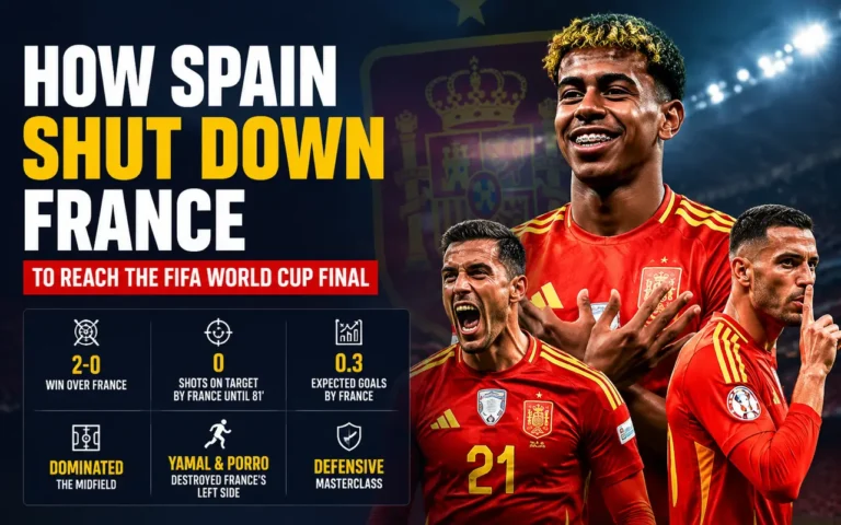 How Spain Shut Down France to Reach the FIFA World Cup Final Spain players celebrate after defeating France 2-0 in the FIFA World Cup 2026 semi-final, highlighting Spain's tactical masterclass, midfield dominance, and place in the World Cup final.