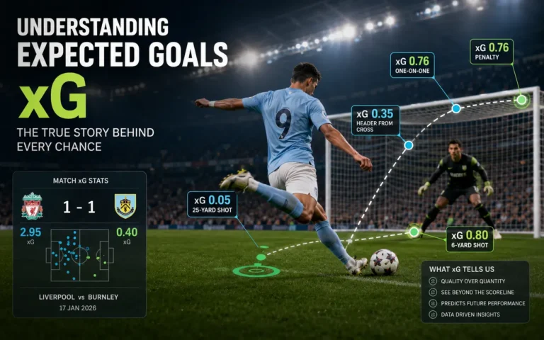 Football expected goals (xG) analysis showing a striker taking a shot with xG data overlays, illustrating how chance quality is measured using real match examples in modern football analytics.