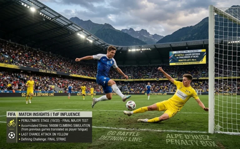 Tour de France Stage 20 Preview: Route, Climbs and GC Battle An infographic using a dramatic last-minute goal-line football tackle as an analogy for the intense General Classification battle and accumulated fatigue expected in the crucial Tour de France Stage 20.