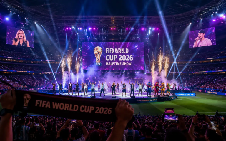 How the World Cup Final Halftime Show Could Change Football’s Biggest Match A packed football stadium hosts the first-ever FIFA World Cup 2026 final halftime show, highlighting the blend of entertainment and football during Spain vs Argentina at New York New Jersey Stadium.