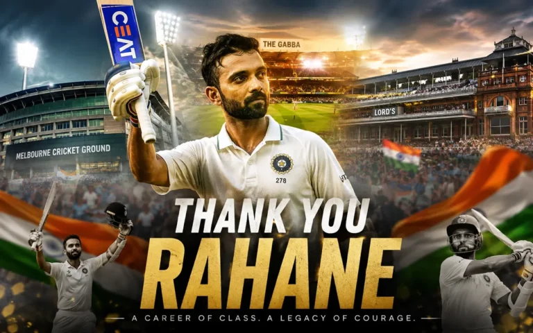Ajinkya Rahane celebrating his Test century during his international cricket career after announcing retirement from all formats.