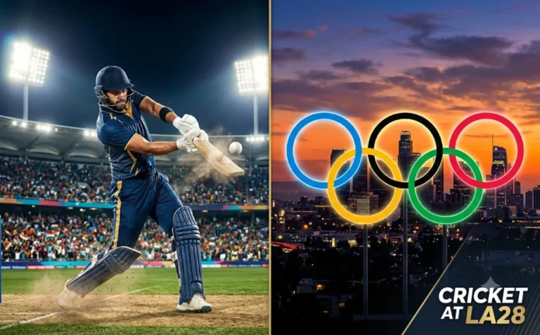 How Cricket’s Return to the Olympics Could Change International Cricket A cricket player in action at a packed stadium alongside the Olympic rings, representing cricket's historic return to the Los Angeles 2028 Olympic Games.