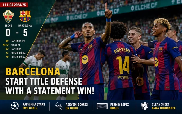 Elche vs Barcelona Result and Key Takeaways From Barcelona’s Latest Match Barcelona celebrate their 5-0 victory over Elche in La Liga with Raphinha and Fermín López starring