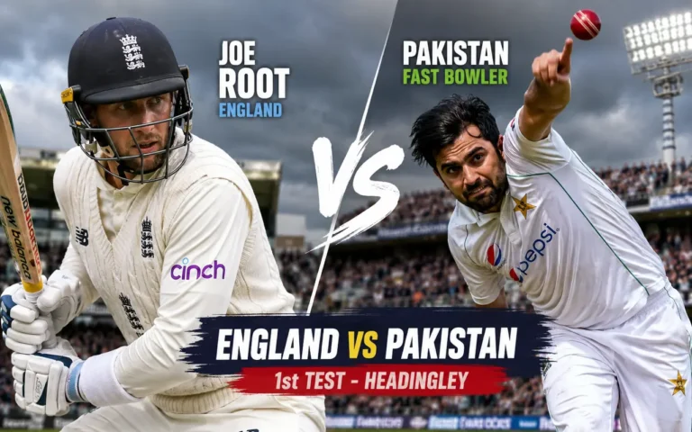 England vs Pakistan First Test Preview: Joe Root’s Return and Key Battles Joe Root and a Pakistani fast bowler in action at Headingley for the England vs Pakistan 1st Test match.