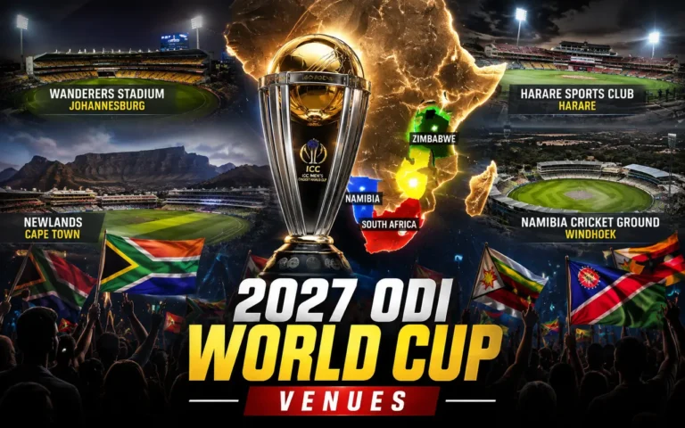 ICC Reveals 2027 ODI World Cup Venues: Complete Host Cities and Stadium Guide ICC 2027 ODI World Cup venues across South Africa, Zimbabwe and Namibia featuring Wanderers Stadium, Newlands, Harare Sports Club and Namibia Cricket Ground.