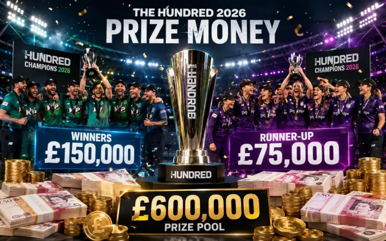 The Hundred 2026 prize money showing the £600,000 prize pool, winners earning £150,000, runners-up receiving £75,000, and tournament trophy.