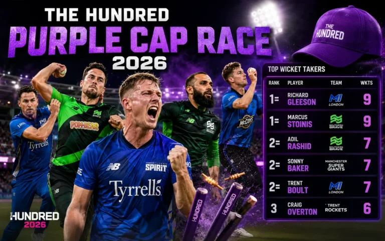 The Hundred Purple Cap Race: Top Wicket Takers Updated Richard Gleeson leads The Hundred 2026 Purple Cap race as the tournament's top wicket-taker with Marcus Stoinis and Adil Rashid close behind.