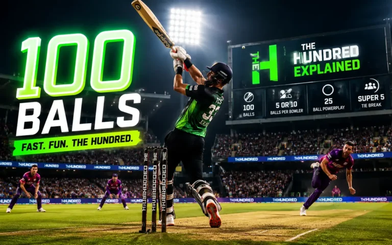 The Hundred cricket format explained with 100-ball innings, powerplay rules, bowling structure, and match format illustrated in a realistic stadium scene.